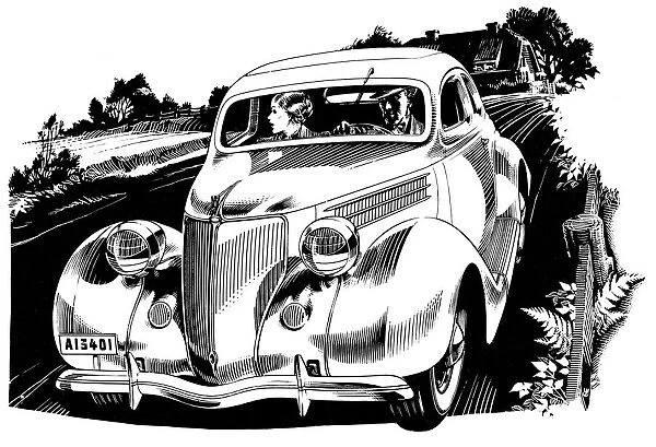 Car. Black & white illustration of car driving through countryside. Date: 1938