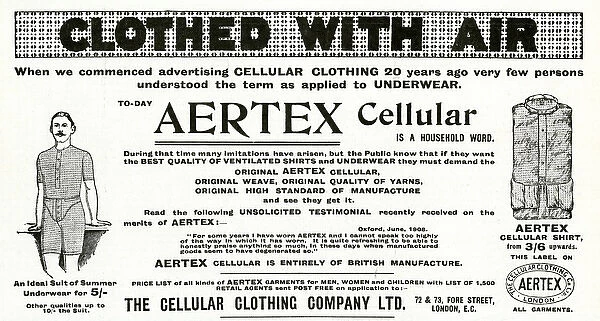 Advert for Aertex mens underwear 1909