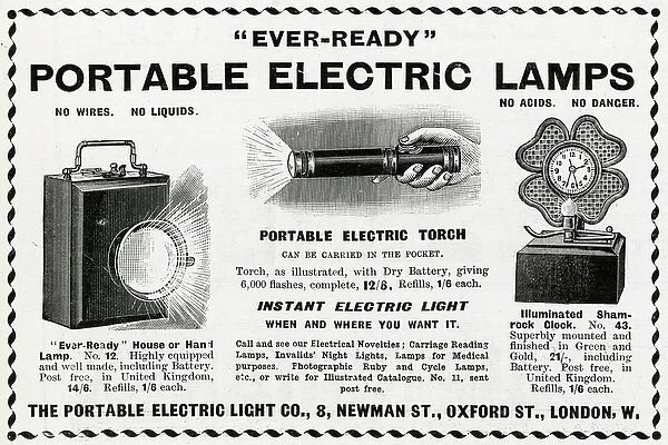 Advert for Portable hand-held lamps and torch 1902