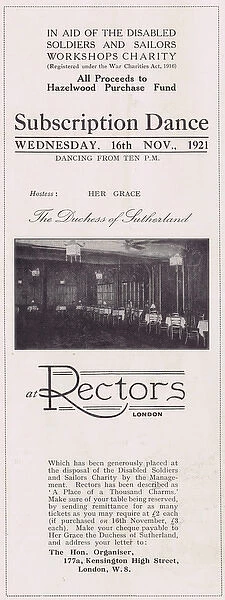 Advert for a subscription dances at Rectors Nightclub, Lond