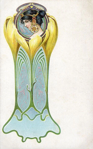 Art Nouveau floral design with woman in profile Date: early 20th century