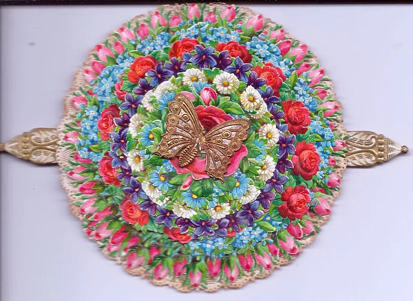 Assorted flowers on a circular greetings card