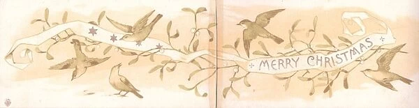 Birds in flight with mistletoe on a Christmas card