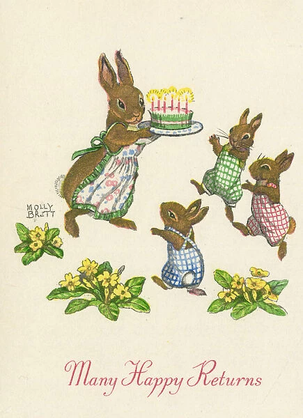 Birthday card, Many Happy Returns, rabbits with cake