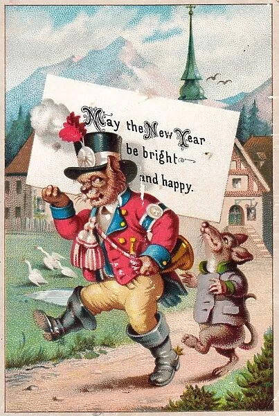 Cat and rat on a New Year card
