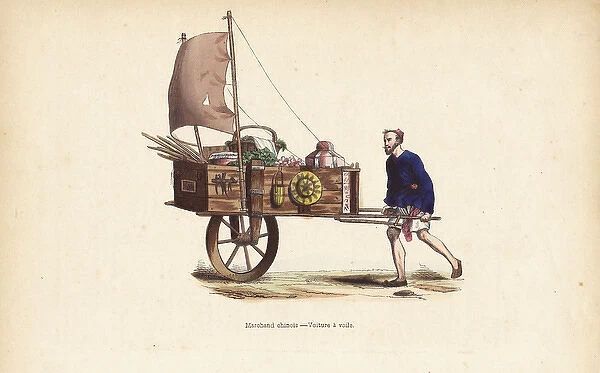 Chinese merchant with hand-drawn wagon with sail