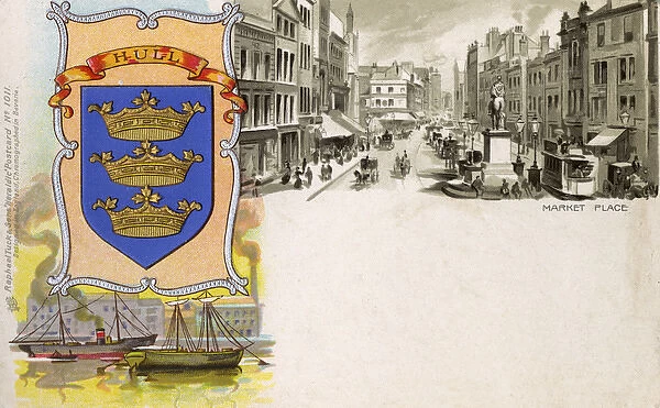 Coat of Arms of Hull, Humberside and view of Market Place