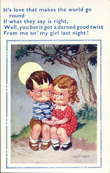 Comic postcard, Girl and boy holding hands in the moonlight Date: 20th century