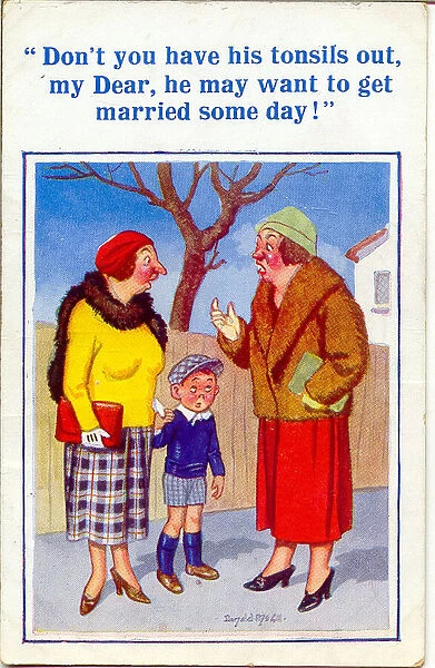 Comic postcard, Women in street with boy Date: 20th century