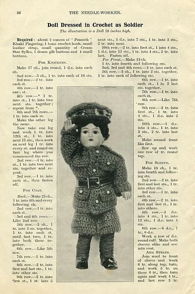 Doll dressed in crochet as a soldier, WW1