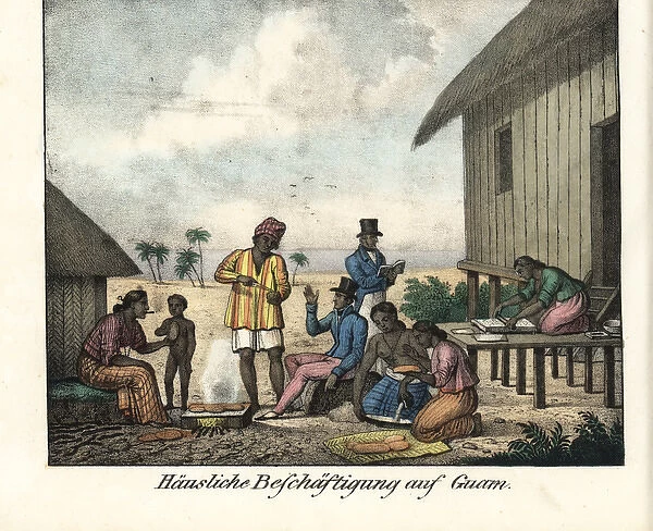 French explorers visiting a Chamorro stilt house on Guam