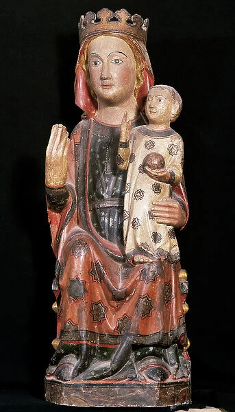 Gothic Virgin Mary with Divine Infant. Wood carving made in