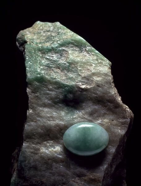 Jadeite crystal and cut stone