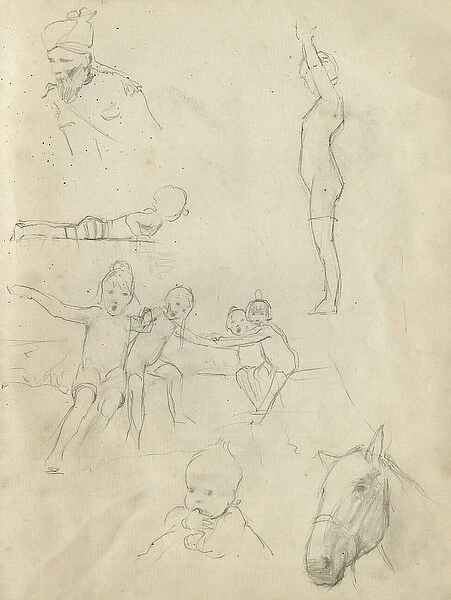 Pencil sketches of people and a horses head