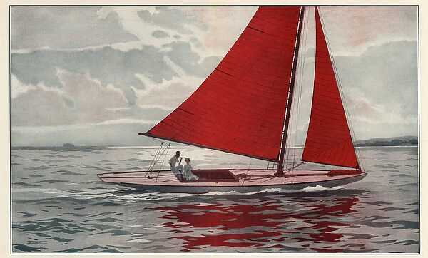 Red Wings. A couple relax on a striking red-sailed yacht.. 1928