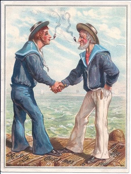 Two sailors shaking hands on a Christmas card
