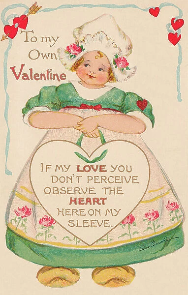 Valentine. Pretty Dutch girl with a Valentine message enshrined in a heart