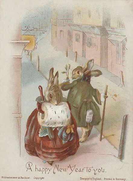 Victorian Greeting Card - Rabbits with Misteltoe