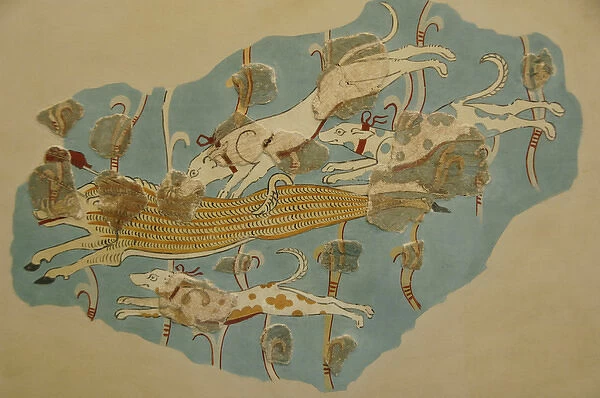 Wild boar hunting. Fresco dated between 14th and 13th centur