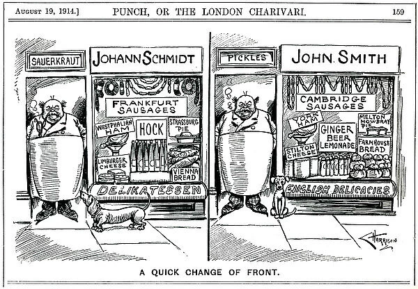 WW1 - Cartoon - German tradesman in England adapts to war
