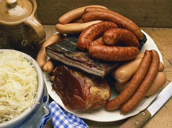 Choucroute Garni, a selection of meat and sausages from Alsace Lorraine, France, Europe