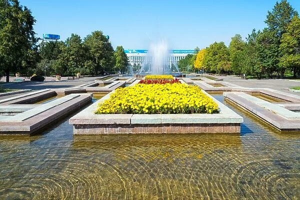 Republic Square Park, water spraying from fountain, Almaty, Kazakhstan, Central Asia