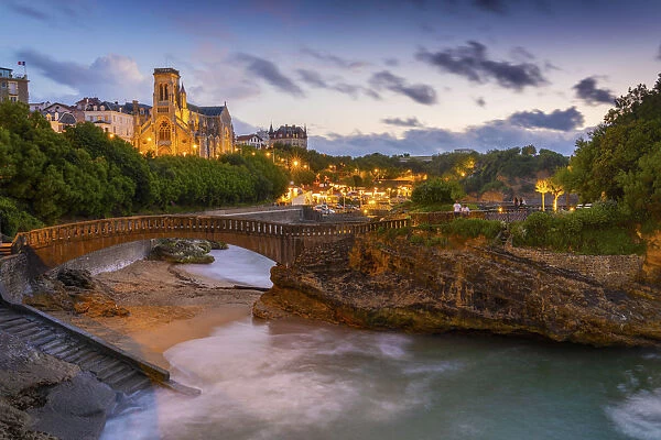 France, Aquitaine, Pyrenees Atlantiques, Biarritz, Saint Eugenia church at old port, dusk
