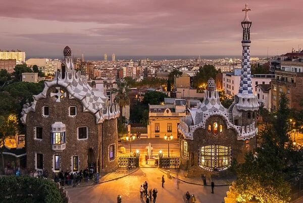 Park Guell with city skyline behind at dusk, Barcelona, Catalonia, Spain