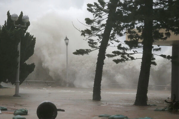 High waves hit the shore at Heng Fa Chuen, a residental district near the waterfront