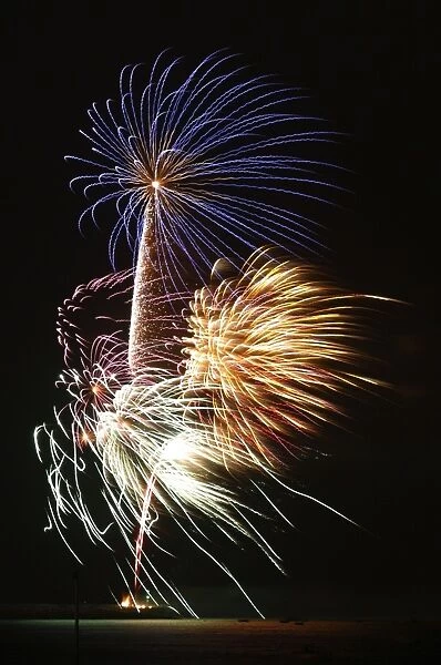 Fireworks display over sea at night, Morecambe, Morecambe Bay, Lancashire, England, september