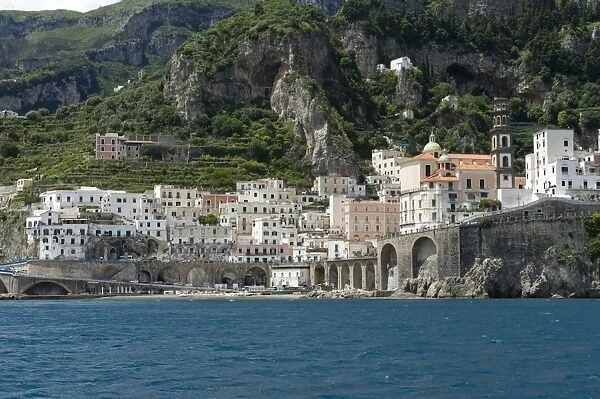 Town of Atrani near Amalfi seen from a boat on the Bay of Salerno, Province of Salerno, Campania, Italy May