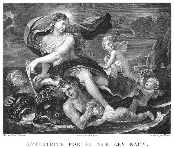 AMPHITRITE. The sea-goddess Amphitrite is carried on the waters. Copper engraving, French, 18th century