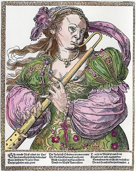 BASSOONIST, 16th CENTURY. German woodcut by Tobias Stimmer (1539-1584)