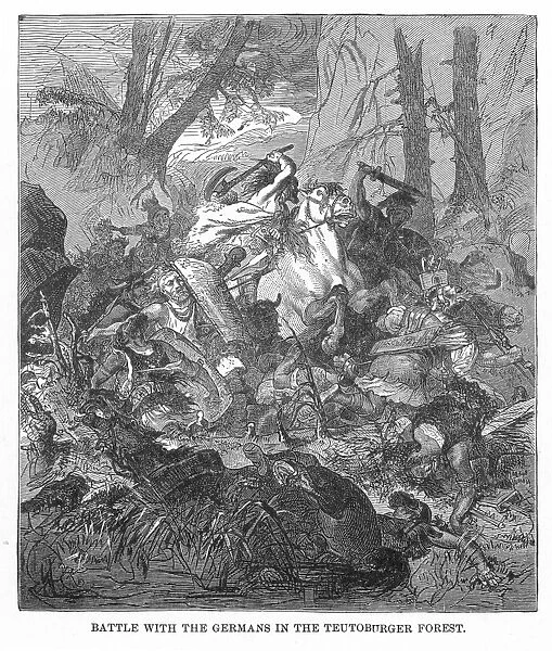 BATTLE OF TEUTOBURG FOREST. The Roman army led by Varus battles unsuccessfully against the rebellious forces organized by Arminius, in the Teutoburg Forest in 9 A. D. Line engraving, 19th century