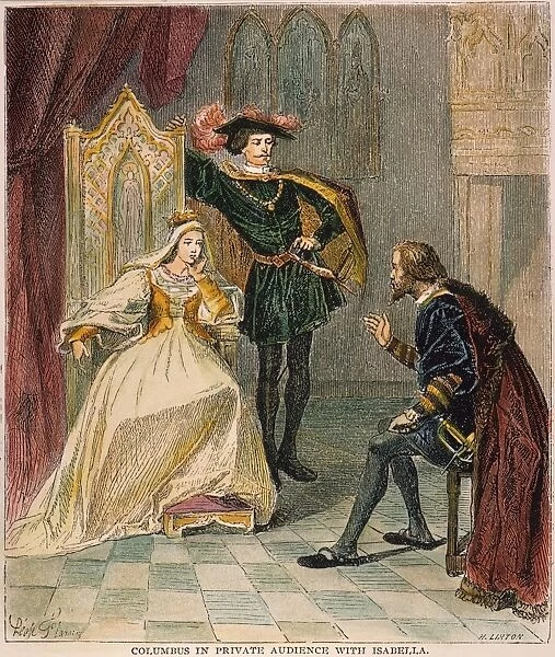 COLUMBUS & ISABELLA, 1492. Christopher Columbus in private audience with Queen Isabella and King Ferdinand of Spain. Engraving, 19th century