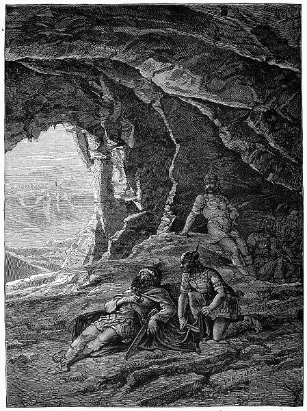 DAVID AND SAUL. David cuts off a piece of the robe of King Saul as he sleeps (1 Samuel 24: 4). Wood engraving, American, 19th century