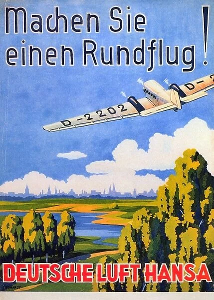 DEUTSCHE LUFT HANSA, 1930s. A Deutsche Luft Hansa advertising poster from the 1930s featuring a Junkers Ju52 tri-motor