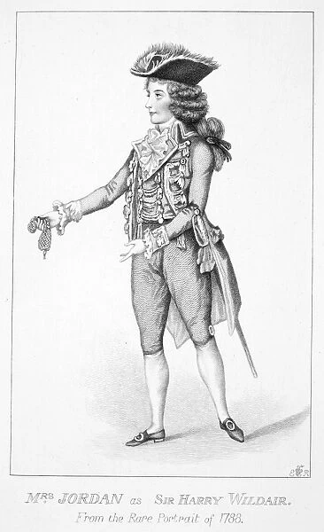 DOROTHY BLAND JORDAN (1762-1816). English actress and mistress of the Duke of Clarence (later William IV). In the role of Sir Henry Wildair from George Farquhars The Constant Couple. Etching and stipple engraving, 1788
