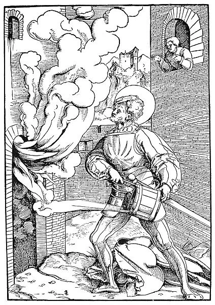 FIRE, 16TH CENTURY. Saint Florian, patron saint of firefighters. German woodcut