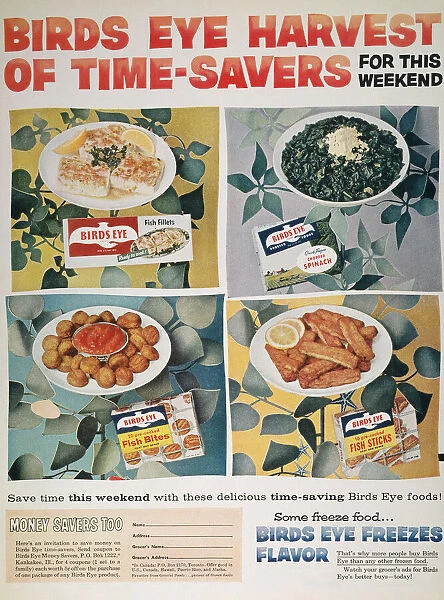 FROZEN FOOD AD, 1957. Some Freeze Food... Birds Eye Freezes Flavor. advertisement for Birds Eye frozen foods, from an American magazine, 1957
