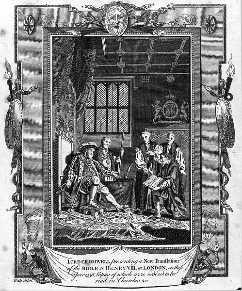 HENRY VIII (1491-1547). King of England, 1509-1547. Lord Cromwell presenting new translation of the Bible in year 1538. Line engraving, 18th century, English