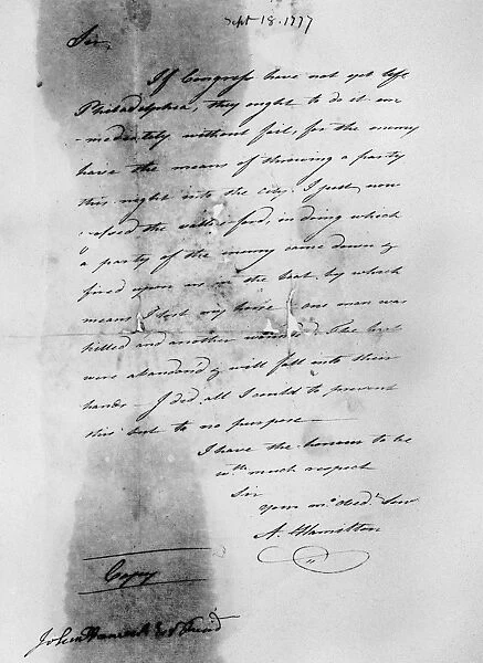 Letter from Alexander Hamilton to John Hancock, 18 September 1777, urging him to move Congress out of Philadelphia and out of danger during the Revolutionary War