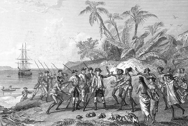 LOUIS de BOUGAINVILLE (1729-1811). French navigator. Bougainville meeting the natives of Tahiti, c1766-69. Steel engraving, French, 19th century