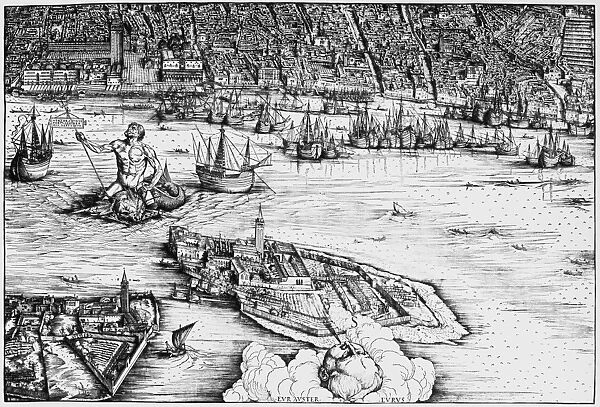 MYTHOLOGY: POSEIDON. The harbor of Venice, Italy, with Poseidon riding on a dolphin