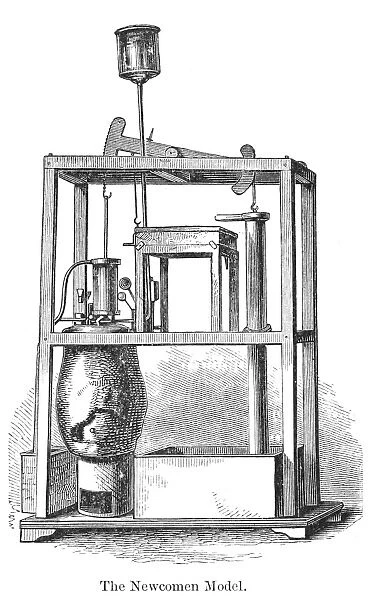 NEWCOMENs STEAM ENGINE. Thomas Newcomens steam engine of 1712. Line engraving, 19th century