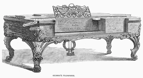 PIANO, 1853. Pianoforte manufactured by Timothy Gilbert of Boston, Massachusetts. Wood engraving, American, 1853