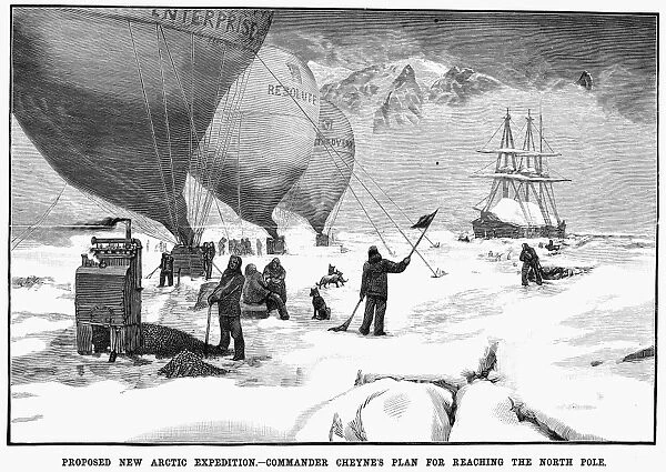 Proposed plan for reaching the North Pole by balloon. Wood engraving, American, late 19th century