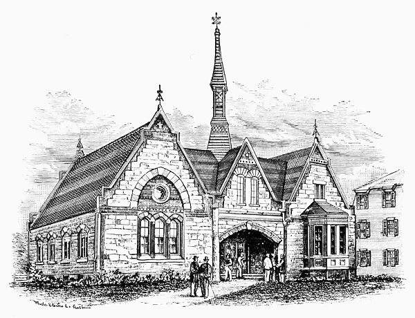 QUINCY: ADAMS ACADEMY. A preparatory school for boys opened at Quincy, Massachusetts, in 1872. The school closed in 1908 due to lack of enrollment. Wood engraving, 1878