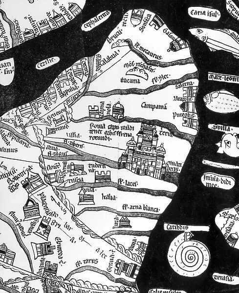 ROME: MAP, c1280. Detail of Rome from the mappa mundi at Hereford Cathedral in England