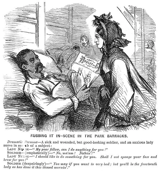 Rubbing It In. An 1862 cartoon from a Northern American newspaper mocking the overzealousness of volunteers in Union Army hospitals